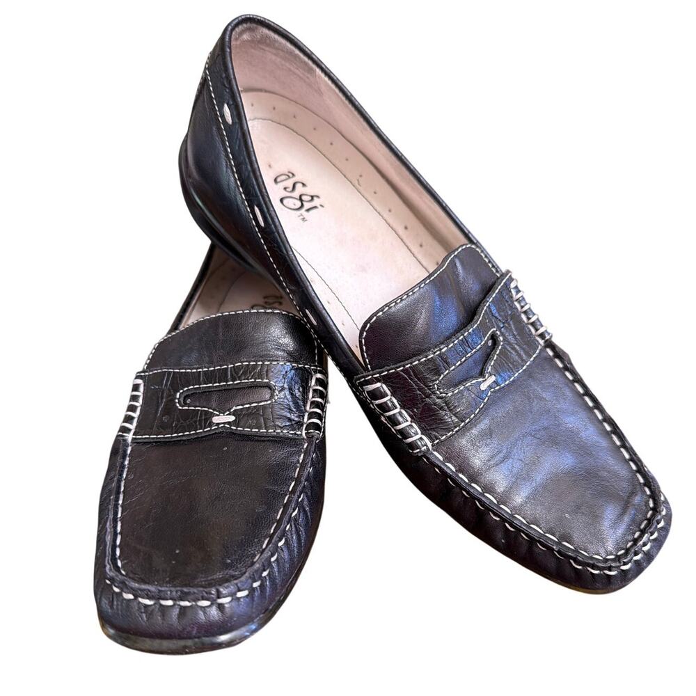 asgi Black Leather Loafers Women's Size 6.5 7 Minimalist Classic Timeless Chic